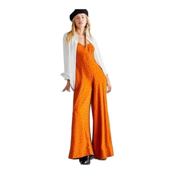 FREE PEOPLE Rust Orange Polka Dot Open Back Wide Leg Jumpsuit XS NEW - Picture 4 of 15